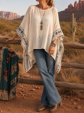 ONE WORLD Cream Boho Embroidered Poncho Top